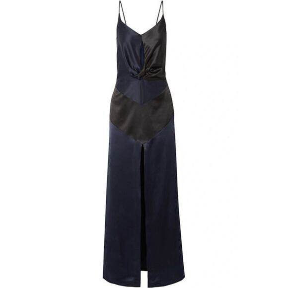 Michael Lo Sordo NWT Women's Cutout Silk Satin Maxi Dress in Blue/Black Size 14 - Picture 1 of 7